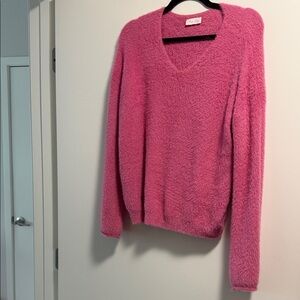 Pink Lily Fuzzy Pink V-Neck Sweater